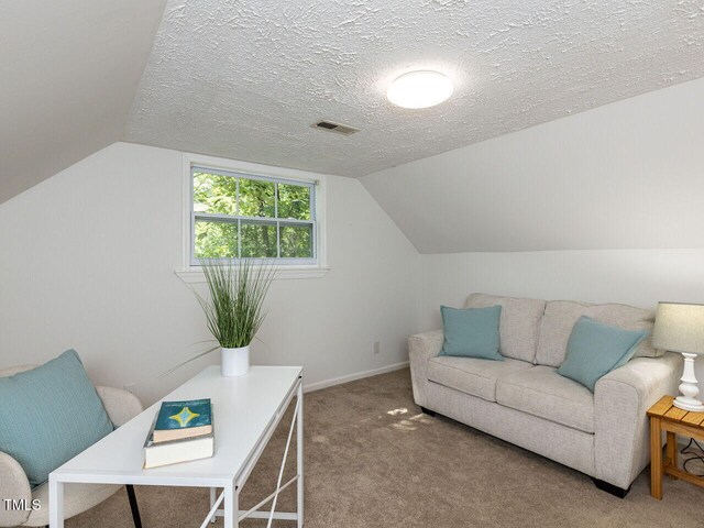 1831 Washington Dr, Hillsborough, NC 27278 - living room featuring carpet flooring, vaulted ceiling, and a textured ceiling