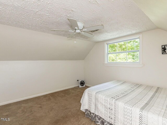 1831 Washington Dr, Hillsborough, NC 27278 - bedroom with lofted ceiling, carpet flooring, ceiling fan, and a textured ceiling