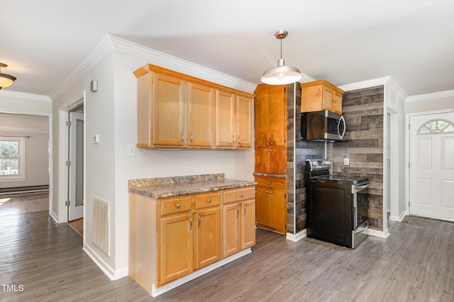 5807 Craig Rd, Durham, NC 27712 - kitchen with stainless steel appliances, light wood finished floors, ornamental molding, a baseboard heating unit, and hanging light fixtures