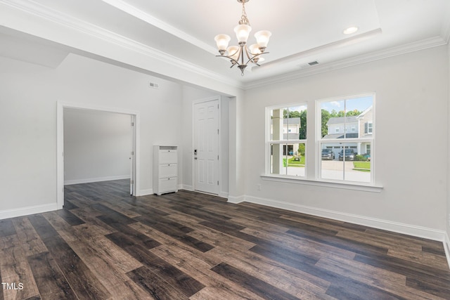3409 Table Mountain Pine Dr, Raleigh, NC 27616 - empty room featuring a chandelier, dark wood-style floors, a tray ceiling, ornamental molding, and recessed lighting