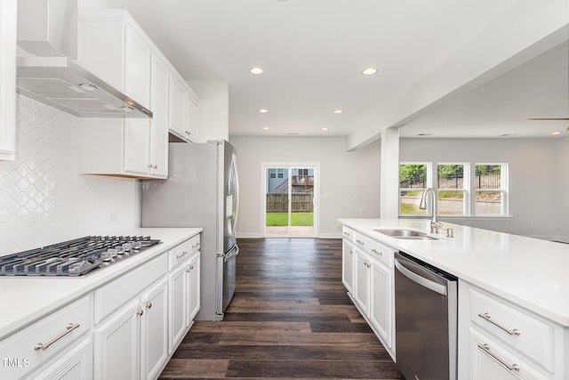 3409 Table Mountain Pine Dr, Raleigh, NC 27616 - kitchen with stainless steel appliances, wall chimney exhaust hood, healthy amount of natural light, dark wood-type flooring, and recessed lighting