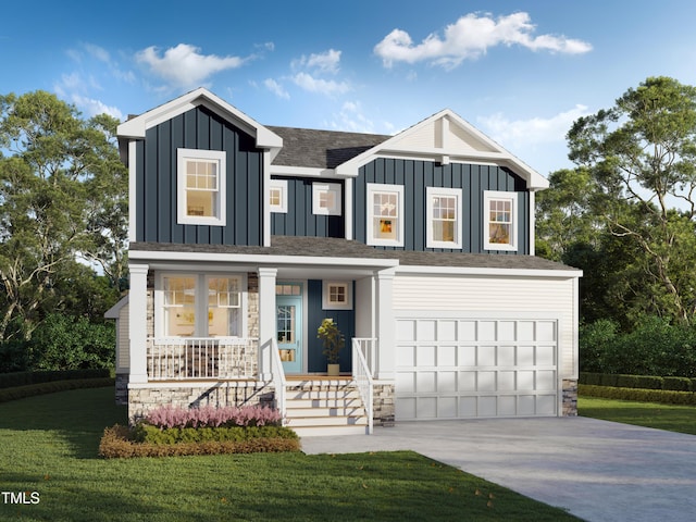 197 Delma Grimes Rd, Coats, NC 27521 - view of front of property with driveway, board and batten siding, covered porch, a front yard, and a garage