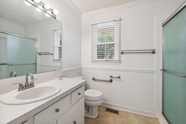 410 Sherron Rd, Durham, NC 27703 - bathroom featuring crown molding, an enclosed shower, vanity, and tile patterned flooring