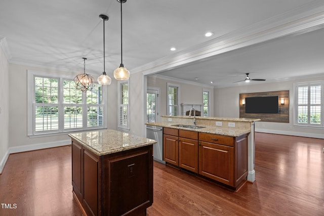 3005 Canopy Woods Dr, Apex, NC 27539 - kitchen featuring a kitchen island with sink, dishwasher, dark wood-type flooring, crown molding, and recessed lighting