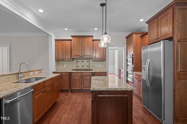 3005 Canopy Woods Dr, Apex, NC 27539 - kitchen featuring appliances with stainless steel finishes, ornamental molding, tasteful backsplash, dark wood finished floors, and brown cabinets