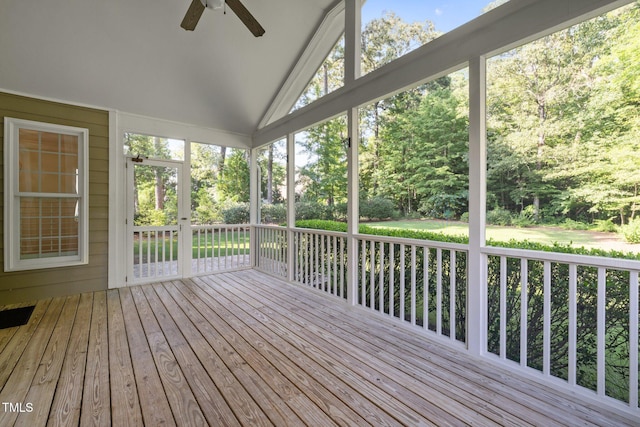 3005 Canopy Woods Dr, Apex, NC 27539 - unfurnished sunroom with a ceiling fan, vaulted ceiling, and view of wooded area