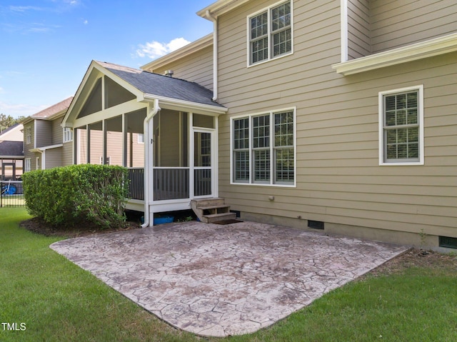 3005 Canopy Woods Dr, Apex, NC 27539 - rear view of house with a sunroom, a patio area, crawl space, and a lawn