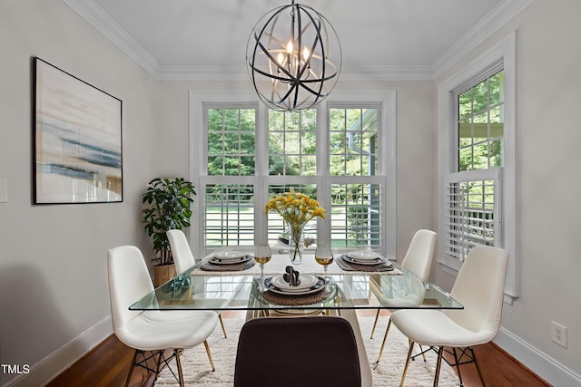 3005 Canopy Woods Dr, Apex, NC 27539 - dining room with a chandelier, wood finished floors, and crown molding