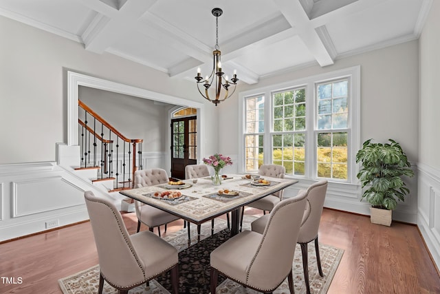 3005 Canopy Woods Dr, Apex, NC 27539 - dining space featuring coffered ceiling, a chandelier, stairs, beam ceiling, and a wainscoted wall