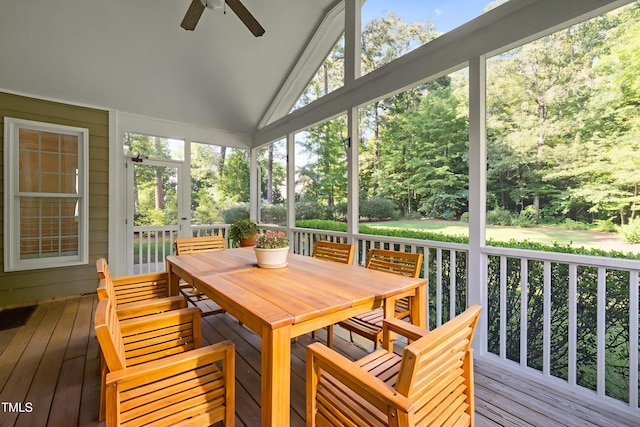 3005 Canopy Woods Dr, Apex, NC 27539 - sunroom with ceiling fan, vaulted ceiling, view of scattered trees, and outdoor dining space