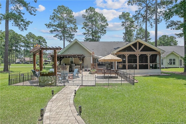 72 Orchard Falls Dr, Spring Lake, NC 28390 - rear view of house featuring a patio, a pergola, and a sunroom