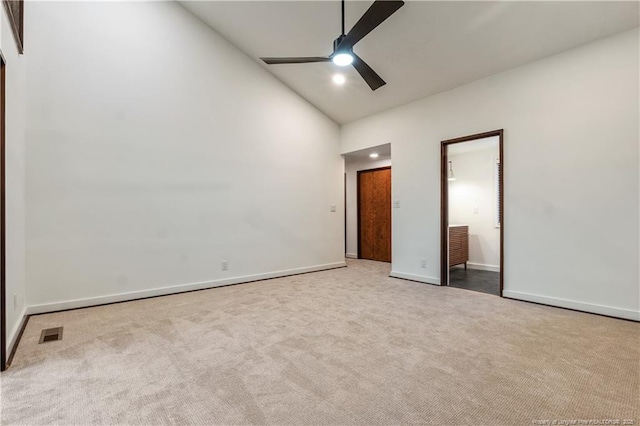 916 Rays Bridge Rd, Whispering Pines, NC 28327 - unfurnished bedroom with high vaulted ceiling, carpet flooring, ceiling fan, and recessed lighting