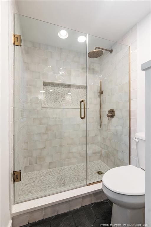916 Rays Bridge Rd, Whispering Pines, NC 28327 - bathroom with a shower stall, recessed lighting, and tile patterned flooring