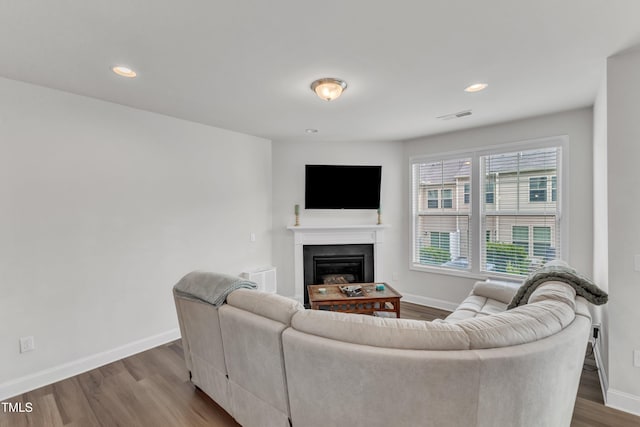 1126 Apogee Dr, Durham, NC 27713 - living room with dark wood-style flooring, a glass covered fireplace, and recessed lighting