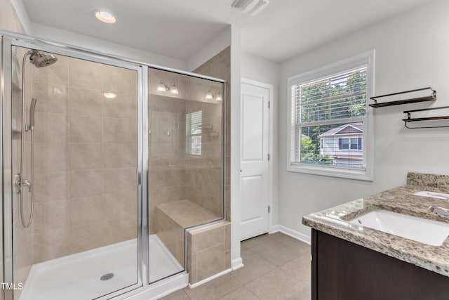 1126 Apogee Dr, Durham, NC 27713 - bathroom with tile patterned flooring, vanity, a shower stall, and recessed lighting