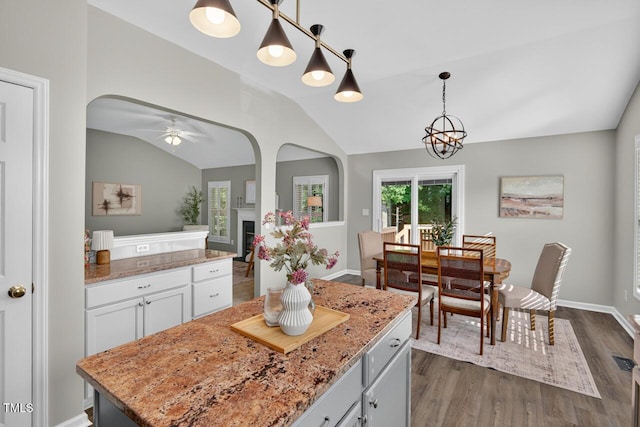 1004 Scotsburg Trl, Hillsborough, NC 27278 - kitchen with ceiling fan, arched walkways, dark wood-style flooring, vaulted ceiling, and decorative light fixtures