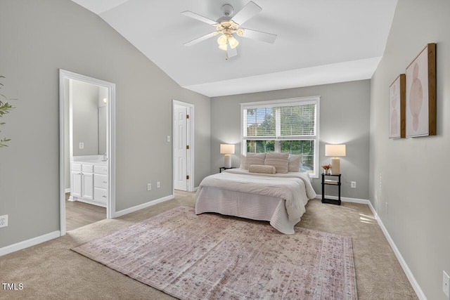 1004 Scotsburg Trl, Hillsborough, NC 27278 - bedroom featuring carpet, lofted ceiling, connected bathroom, and ceiling fan
