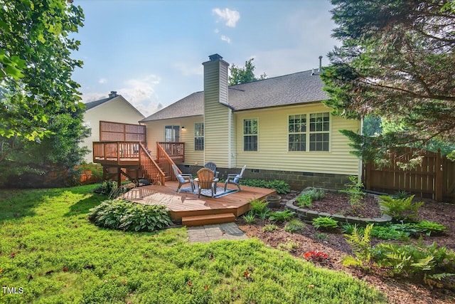 1004 Scotsburg Trl, Hillsborough, NC 27278 - back of property featuring a wooden deck, a chimney, roof with shingles, and crawl space
