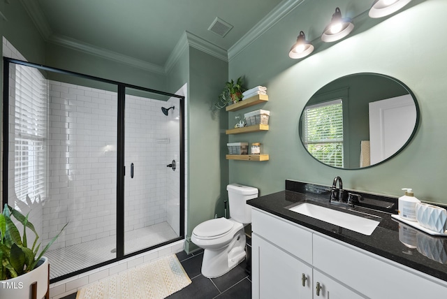1010 S Person St, Raleigh, NC 27601 - bathroom with vanity, tile patterned flooring, a stall shower, and ornamental molding