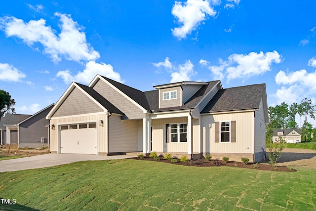134 Cherrybirch Ln, Zebulon, NC 27597 - craftsman house featuring driveway, a front yard, a garage, and board and batten siding