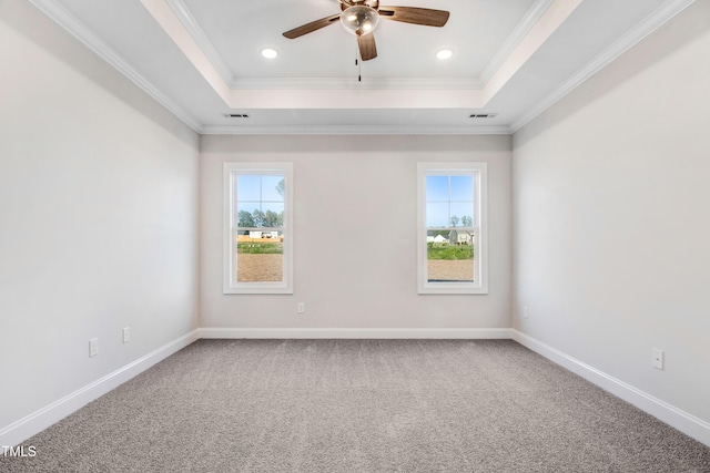 134 Cherrybirch Ln, Zebulon, NC 27597 - unfurnished room featuring healthy amount of natural light, ceiling fan, carpet floors, a tray ceiling, and ornamental molding