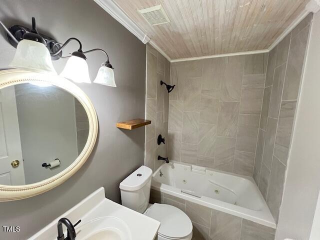 2856 Nutbush Rd, Henderson, NC 27537 - bathroom featuring a combined bath / shower with jetted tub, ornamental molding, wooden ceiling, and vanity