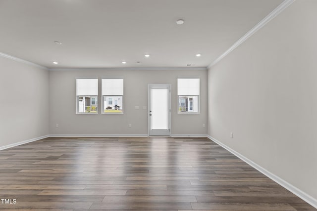 5721 Woodlawn Dr, Durham, NC 27703 - unfurnished room featuring ornamental molding, dark wood-style flooring, and recessed lighting