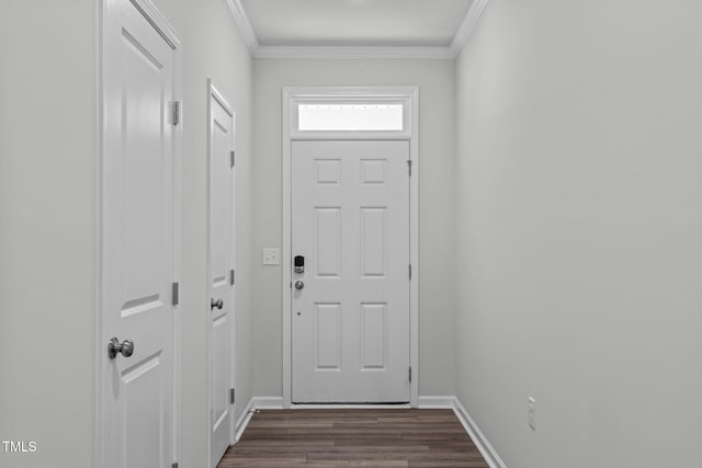 223 Aster Bloom Ln, Raleigh, NC 27610 - doorway to outside with dark wood finished floors and crown molding