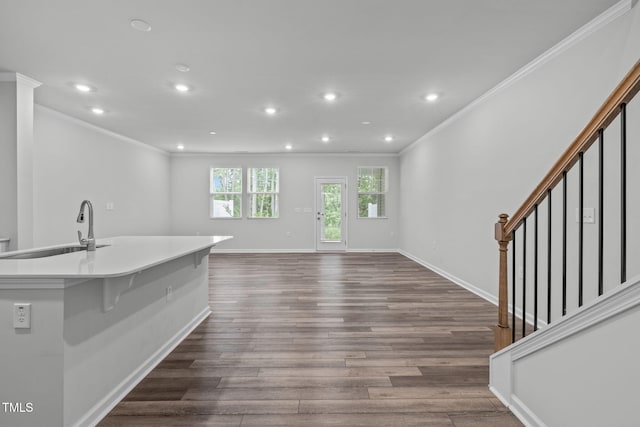 223 Aster Bloom Ln, Raleigh, NC 27610 - kitchen featuring ornamental molding, recessed lighting, dark wood finished floors, a center island with sink, and light countertops
