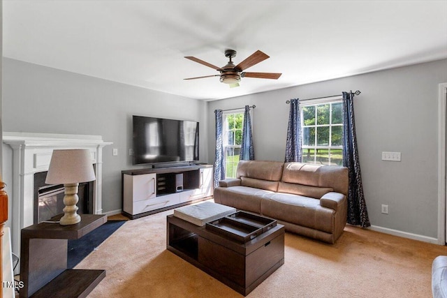 20 Allyson Ct, Youngsville, NC 27596 - living area with a ceiling fan, a glass covered fireplace, and light carpet
