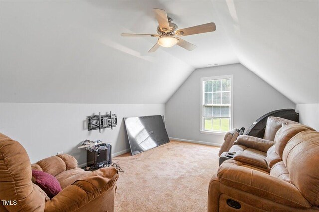 20 Allyson Ct, Youngsville, NC 27596 - living room featuring carpet, vaulted ceiling, and ceiling fan