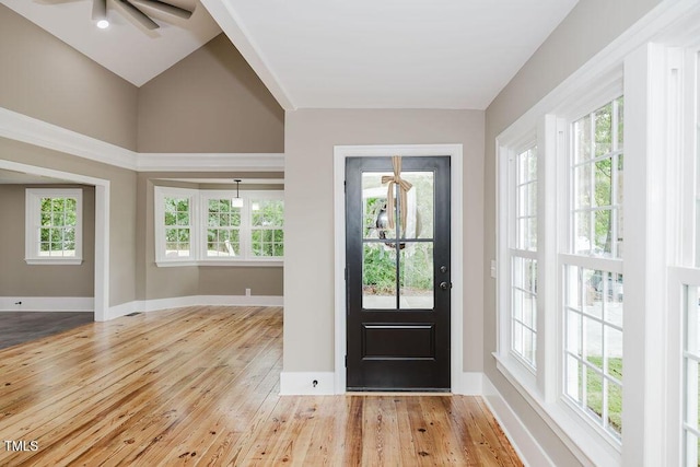 103 N Mckay Ave, Dunn, NC 28334 - entrance foyer with wood finished floors, a ceiling fan, and high vaulted ceiling