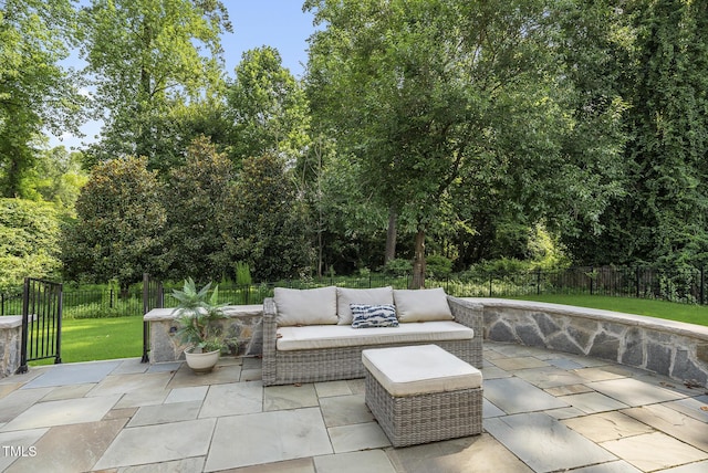 347 Country Mill Way, Fuquay Varina, NC 27526 - fenced backyard featuring an outdoor living space, a patio area, and view of scattered trees