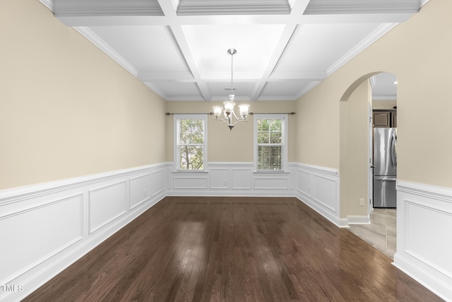 347 Country Mill Way, Fuquay Varina, NC 27526 - unfurnished dining area with arched walkways, a chandelier, coffered ceiling, dark wood-style floors, and beam ceiling