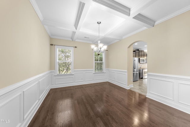 347 Country Mill Way, Fuquay Varina, NC 27526 - unfurnished dining area featuring beam ceiling, arched walkways, dark wood-style floors, a chandelier, and coffered ceiling