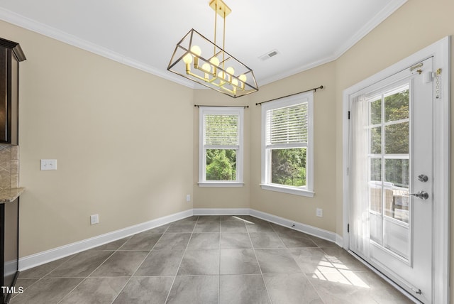 347 Country Mill Way, Fuquay Varina, NC 27526 - unfurnished dining area with crown molding, plenty of natural light, a chandelier, and tile patterned floors