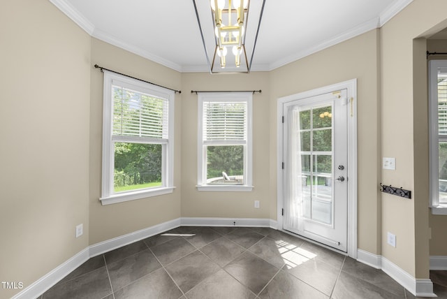 347 Country Mill Way, Fuquay Varina, NC 27526 - doorway to outside featuring crown molding, dark tile patterned flooring, and a chandelier