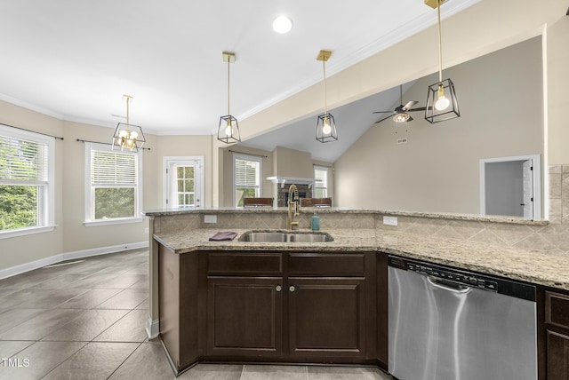 347 Country Mill Way, Fuquay Varina, NC 27526 - kitchen with dishwasher, dark brown cabinets, tasteful backsplash, light stone counters, and ornamental molding