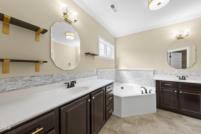 347 Country Mill Way, Fuquay Varina, NC 27526 - full bath with ornamental molding, two vanities, a bath, and tile walls