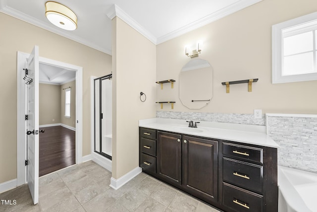 347 Country Mill Way, Fuquay Varina, NC 27526 - full bathroom featuring crown molding, vanity, a stall shower, a garden tub, and tile patterned floors