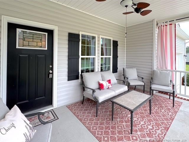 893 Blanchard Rd, Saint Pauls, NC 28384 - view of exterior entry with a ceiling fan and covered porch