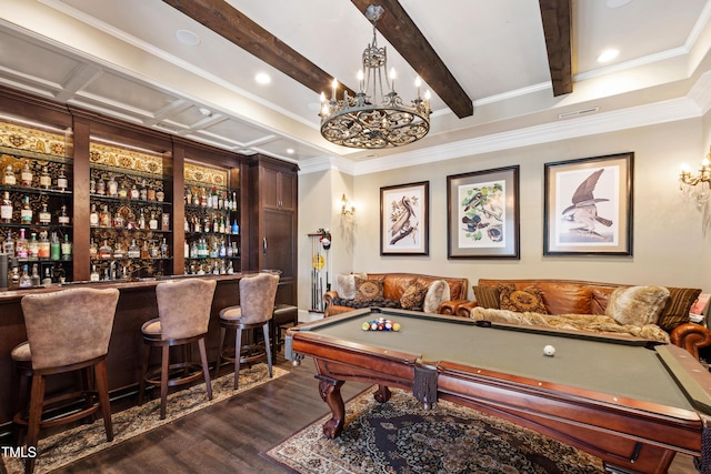 19 San Rimini Way, Durham, NC 27707 - playroom featuring dark wood-style flooring, billiards table, beam ceiling, a community bar, and crown molding