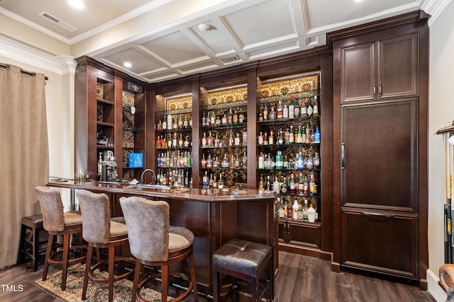 19 San Rimini Way, Durham, NC 27707 - indoor wet bar featuring dark wood-style floors and ornamental molding