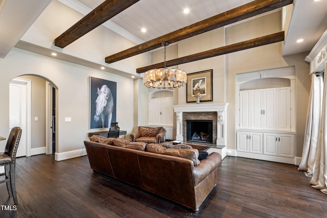19 San Rimini Way, Durham, NC 27707 - living room featuring beam ceiling, arched walkways, dark wood-style floors, recessed lighting, and a fireplace