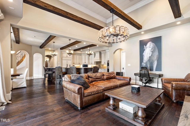 19 San Rimini Way, Durham, NC 27707 - living room featuring arched walkways, a chandelier, beam ceiling, dark wood-type flooring, and recessed lighting