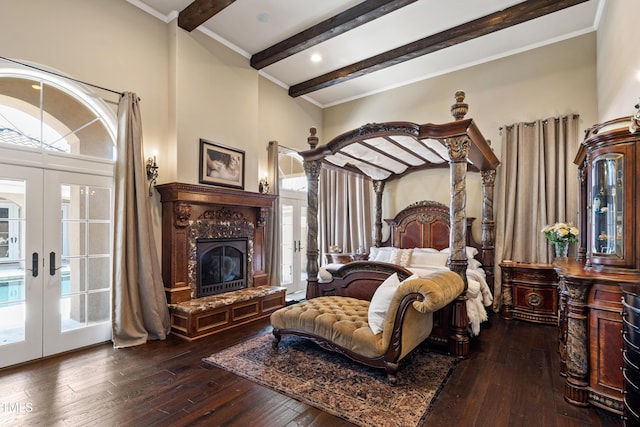 19 San Rimini Way, Durham, NC 27707 - bedroom featuring hardwood / wood-style floors, beam ceiling, french doors, multiple windows, and ornamental molding