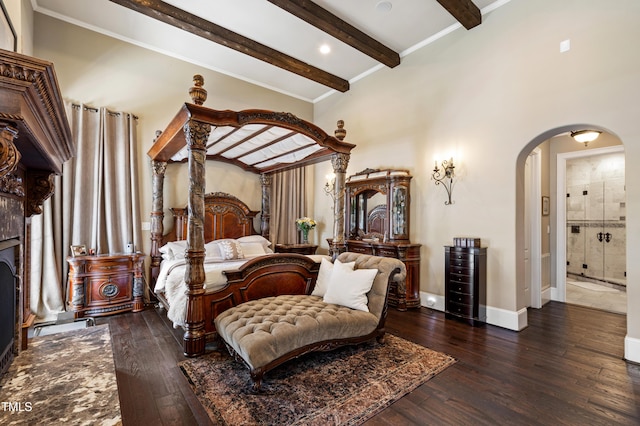 19 San Rimini Way, Durham, NC 27707 - bedroom featuring arched walkways, beamed ceiling, and wood-type flooring