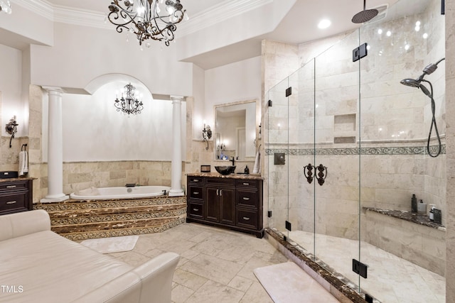 19 San Rimini Way, Durham, NC 27707 - full bathroom featuring decorative columns, vanity, ornamental molding, a bath, and a shower stall
