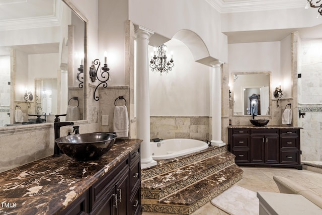 19 San Rimini Way, Durham, NC 27707 - full bath with ornate columns, tile walls, a bath, ornamental molding, and two vanities