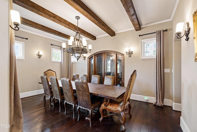 19 San Rimini Way, Durham, NC 27707 - dining area with a chandelier, dark wood-style flooring, beam ceiling, and french doors